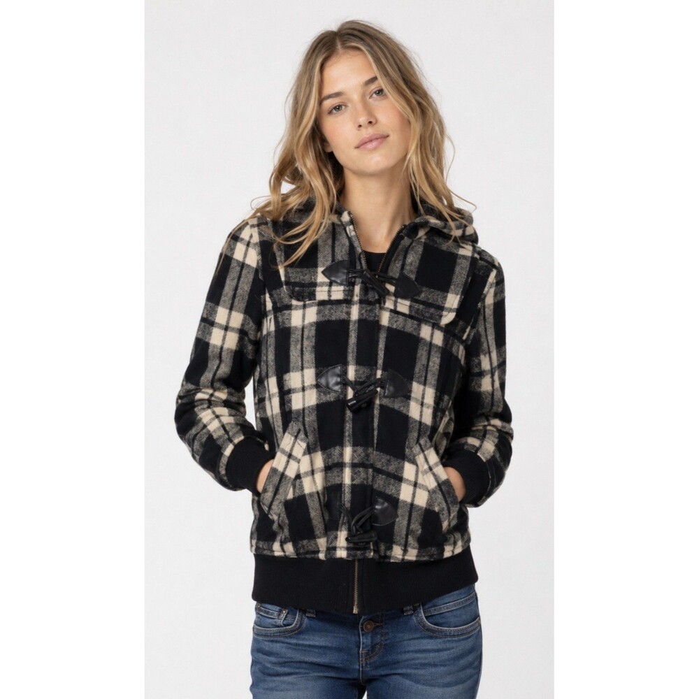 Vintage Y2K Delias Sherpa Hood Size Small Plaid Full Zip Wool Blend Bomber Black